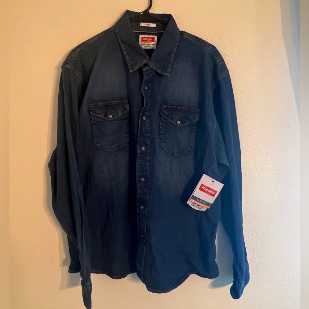 Men’s XL Wrangler New Slim Fit Pearl Snap Denim long sleeve shirt top